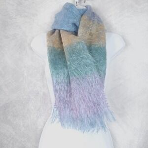 Calzeat Of Scotland Scarf Womens One Size Mohair Wool Multicolor Fringe Striped